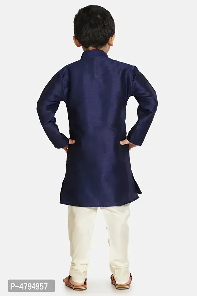 Boy's Navy Blue Cotton Silk Kurta and Pyjama Set-thumb3