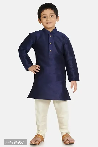 Boy's Navy Blue Cotton Silk Kurta and Pyjama Set
