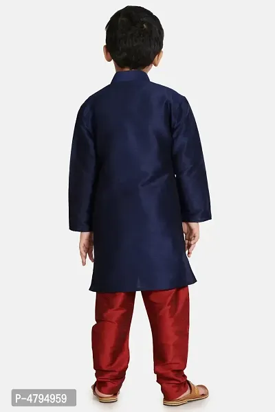 Boy's Navy Blue Cotton Silk Kurta and Pyjama Set-thumb3