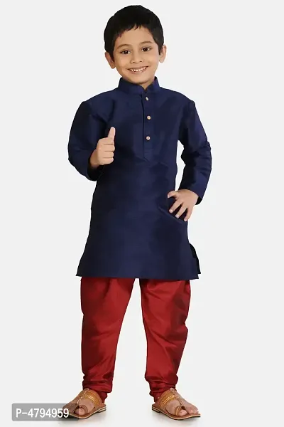 Boy's Navy Blue Cotton Silk Kurta and Pyjama Set-thumb0
