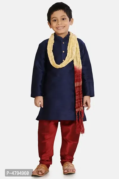Boy's Navy Blue Cotton Silk Kurta, Pyjama  Dupatta Set