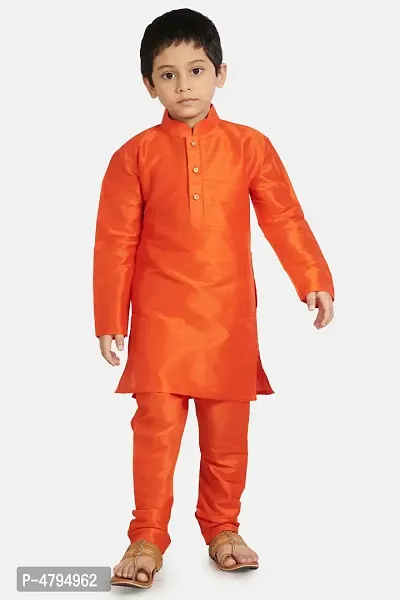 Boy's Orange Cotton Silk Kurta and Pyjama Set