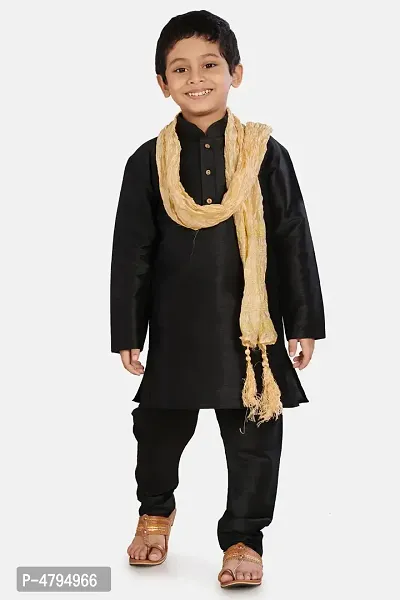 Boy's Black Cotton Silk Kurta, Pyjama  Dupatta Set