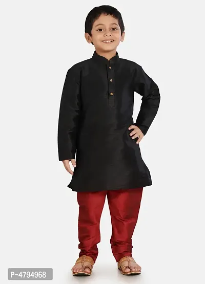 Boy's Black Cotton Silk Kurta and Pyjama Set-thumb0