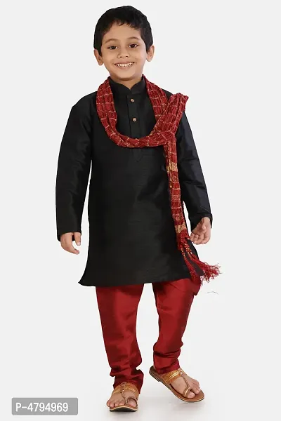 Boy's Black Cotton Silk Kurta, Pyjama  Dupatta Set-thumb0