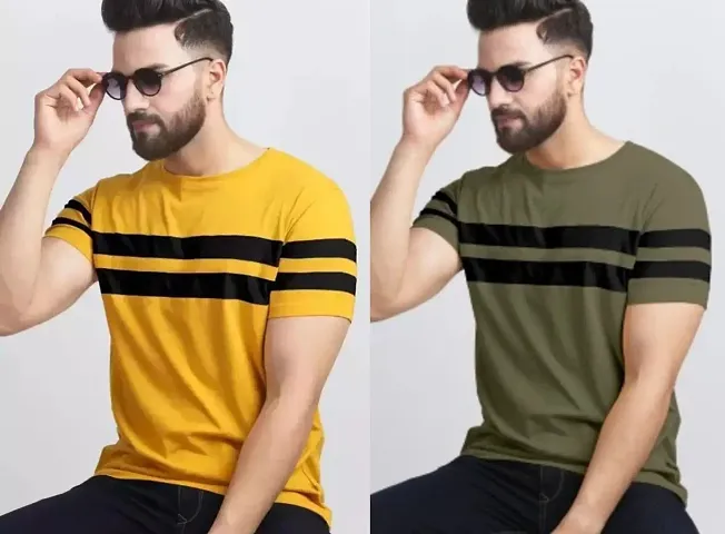 Elegant Blend Colourblocked Round Neck Tees For Men- Pack Of 2