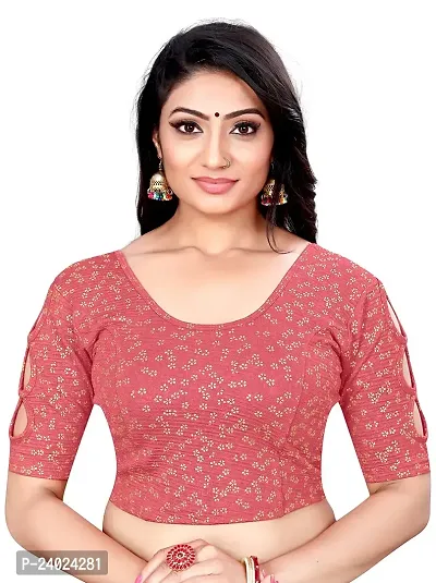 Lady Bloom Woman's Soft Cotton Foil Print Stretchable Fancy Elbow Sleeve Saree Blouse (38, Tomato)