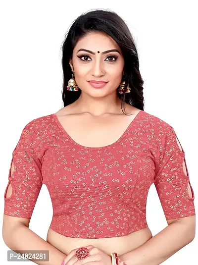 Lady Bloom Woman's Soft Cotton Foil Print Stretchable Fancy Elbow Sleeve Saree Blouse (38, Tomato)-thumb0