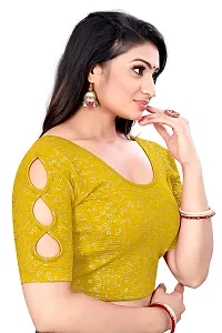 Lady Bloom Woman's Soft Cotton Foil Print Stretchable Fancy Elbow Sleeve Saree Blouse (34, Yellow)-thumb1