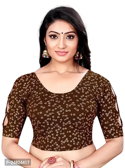 Lady Bloom Woman's Soft Cotton Foil Print Stretchable Fancy Elbow Sleeve Saree Blouse (30, Coffee)