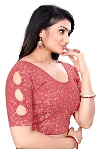 Lady Bloom Woman's Soft Cotton Foil Print Stretchable Fancy Elbow Sleeve Saree Blouse (38, Tomato)-thumb1