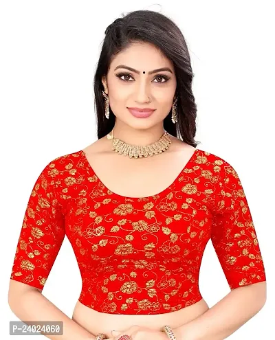 Round Neck Golden Flowers Dubbel Print Half Sleeve Woman Blouse (32, RED)