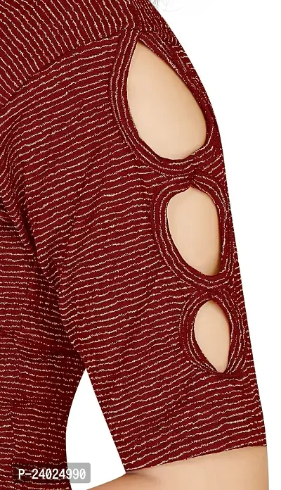 Lady Bloom Round Neck Attractive Elbow Sleeve Stretchable Emboss Print with Crushed Blouse for Woman-thumb5