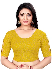 Lady Bloom Woman's Soft Cotton Foil Print Stretchable Fancy Elbow Sleeve Saree Blouse (34, Yellow)-thumb3