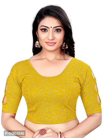 Lady Bloom Woman's Soft Cotton Foil Print Stretchable Fancy Elbow Sleeve Saree Blouse (34, Yellow)-thumb4