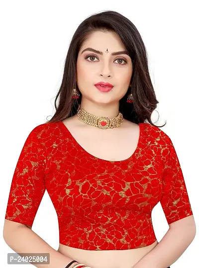 Lady Bloom Round Neck Elbow Sleeve Foil Printed Fancy Woman Blouse (32, RED)