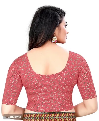 Lady Bloom Woman's Soft Cotton Foil Print Stretchable Fancy Elbow Sleeve Saree Blouse (38, Tomato)-thumb3