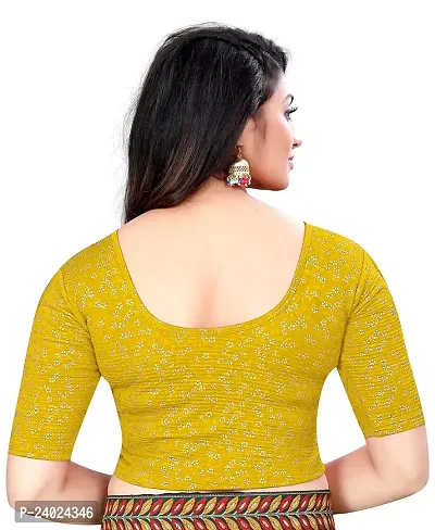 Lady Bloom Woman's Soft Cotton Foil Print Stretchable Fancy Elbow Sleeve Saree Blouse (34, Yellow)-thumb3