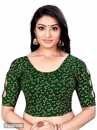 Lady Bloom Woman's Soft Cotton Foil Print Stretchable Fancy Elbow Sleeve Saree Blouse (38, B.Green)