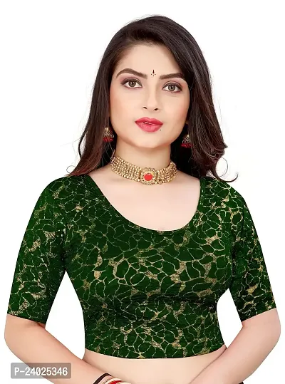 Lady Bloom Round Neck Elbow Sleeve Foil Printed Fancy Woman Blouse (32, BOTTELGREEN)-thumb0