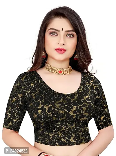 Lady Bloom Round Neck Elbow Sleeve Foil Printed Fancy Woman Blouse (30, Black)