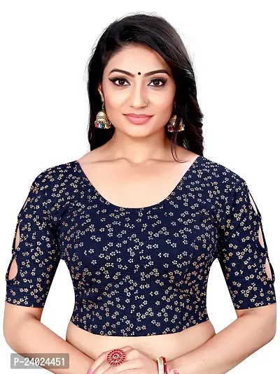 Lady Bloom Woman's Soft Cotton Foil Print Stretchable Fancy Elbow Sleeve Saree Blouse (30, NAVYBLUE)