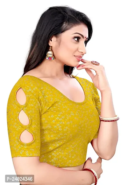 Lady Bloom Woman's Soft Cotton Foil Print Stretchable Fancy Elbow Sleeve Saree Blouse (34, Yellow)-thumb5