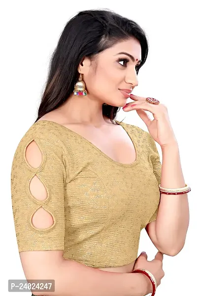 Lady Bloom Woman's Soft Cotton Foil Print Stretchable Fancy Elbow Sleeve Saree Blouse (36, Gold)-thumb2