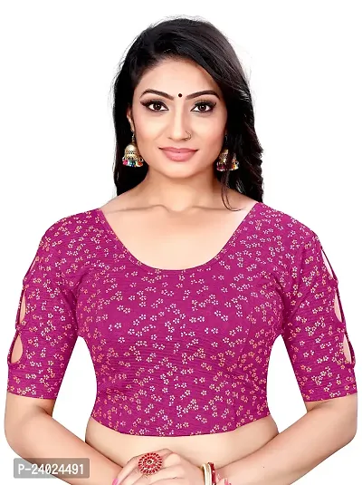 Lady Bloom Woman's Soft Cotton Foil Print Stretchable Fancy Elbow Sleeve Saree Blouse (30, Rani)