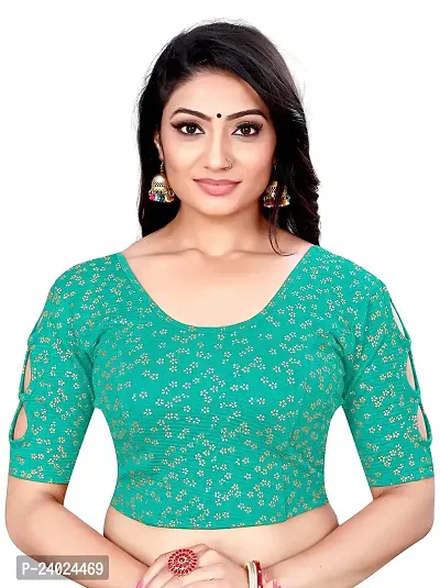 Lady Bloom Woman's Soft Cotton Foil Print Stretchable Fancy Elbow Sleeve Saree Blouse (30, SEA Green)