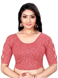 Lady Bloom Woman's Soft Cotton Foil Print Stretchable Fancy Elbow Sleeve Saree Blouse (38, Tomato)-thumb3