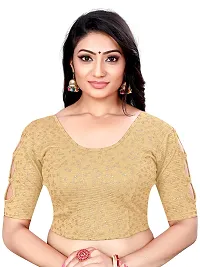 Lady Bloom Woman's Soft Cotton Foil Print Stretchable Fancy Elbow Sleeve Saree Blouse (36, Gold)-thumb3