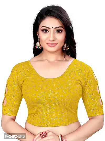 Lady Bloom Woman's Soft Cotton Foil Print Stretchable Fancy Elbow Sleeve Saree Blouse (34, Yellow)