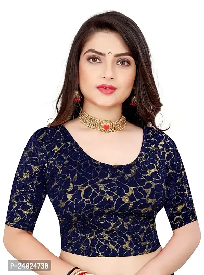Lady Bloom Round Neck Elbow Sleeve Foil Printed Fancy Woman Blouse (30, NAVYBLUE)