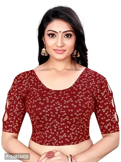 Lady Bloom Woman's Soft Cotton Foil Print Stretchable Fancy Elbow Sleeve Saree Blouse (34, Maroon)
