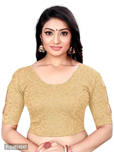 Lady Bloom Woman's Soft Cotton Foil Print Stretchable Fancy Elbow Sleeve Saree Blouse (36, Gold)-thumb0