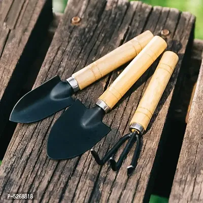Mini 3 Pcs Durable Garden Tool Set Spade, Showel, Rake with Wooden Handle for House Plants Potted Flowers Seedlings Loose Soil (Small Size)-thumb0