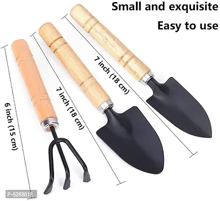 Mini 3 Pcs Durable Garden Tool Set Spade, Showel, Rake with Wooden Handle for House Plants Potted Flowers Seedlings Loose Soil (Small Size)-thumb3