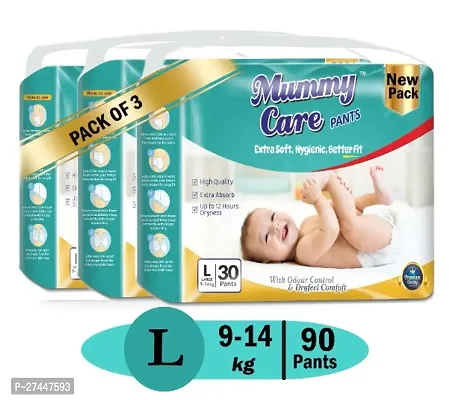 Mummy Care Extra Soft Baby Diaper Pants | Large Size Baby Diapers (9-14 kg) | Pack of 3 | 90 pcs , Gel Technology | Upto 12 hours Absoprtion-thumb0