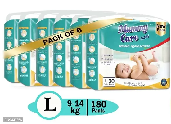 Mummy Care Extra Soft Baby Diaper Pants | Large Size Baby Diapers (9-14 kg) | Pack of 6 | 180 pcs , Gel Technology | Upto 12 hours Absoprtion