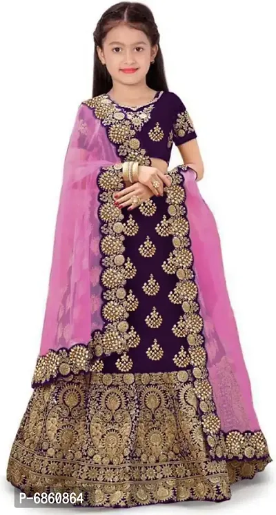 Purple Color Silk Embroidered Girls Wedding wear Semi Stitched Lehenga Choli_(Suitable To 1-15 Years Girls)Free Size