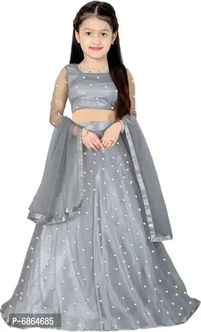 Grey Net Simple Embroidered Latest Designer Girls Party Wear Semi Stitched Lehenga Choli_(Suitable To 3-15 Years Girls)Free Size-thumb0