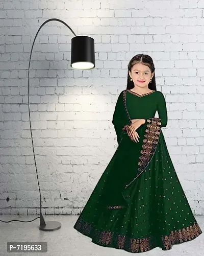 Green kids silk satin Semi Stitched zari work Lehenga Choli with Dupatta Set-thumb0
