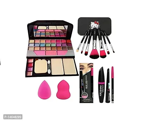 Fancy Multicolor Makeup Kit And 7 Black Makeup Brushes, 3In1 Eyeliner, Mascara, Kajal Pencil With 2 Pink Beauty Blenders - (Pack Of 13)-thumb0