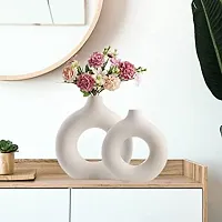 Handicraft Unique White Ring Shaped Ceramic Flower Vase for Home Decor Living Room Vases Pack of 2-thumb1