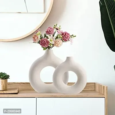 Handicraft Unique White Ring Shaped Ceramic Flower Vase for Home Decor Living Room Vases Pack of 2-thumb2