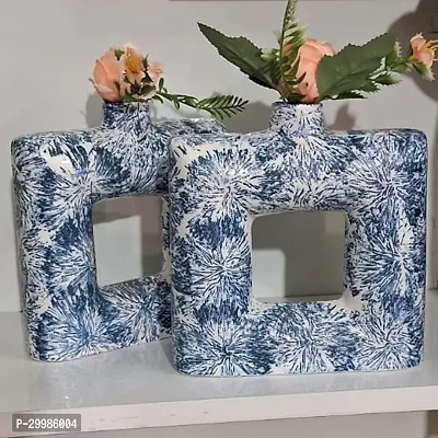 Handicraft Unique Blue Square Ring Shaped Ceramic Flower Vase for Home Decor Living Room Vases Pack of 2