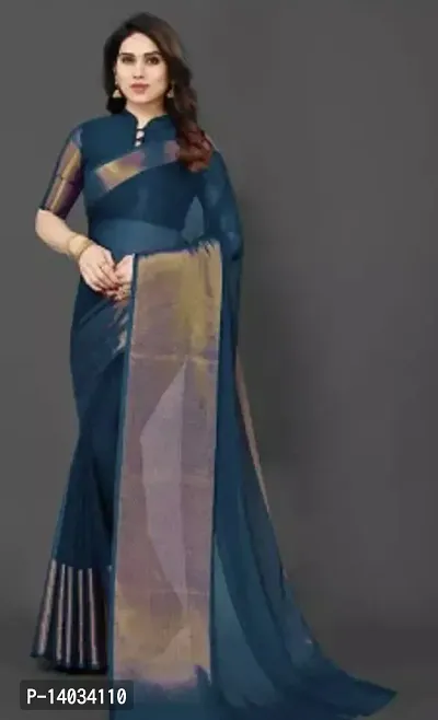 Trendy Silk Teal Blue Zari Border Saree With Blouse Piece For Women-thumb0