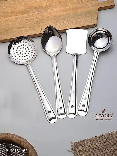 Premium Quality Stainless Steel Heavy Gauge Non-Stick 4 Piece Set Of Ladle (Karchhi), Skimmer (Jhara), Solid Spoon (Chamcha) And Slotted Turner - Spatula (Palta) For Cooking - Frying - Stirring - Basting