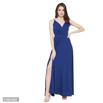 Nilkanth Enterprise Womens Solid V Neck Maxi Dress (Medium, Blue)